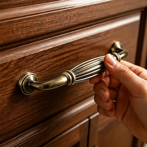 May include: An antique brass-finished drawer pull with a fluted, ribbed center design and rounded mounting bases, attached to a dark brown wood-grain cabinet door. The hardware features a metallic, weathered finish with subtle dark highlights.