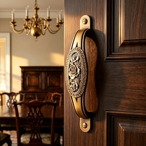 May include: A vertical door handle made of antique brass with a central oval medallion featuring a relief of three roses surrounded by a geometric Greek key border. The handle is mounted onto a dark brown wood door with visible grain texture.