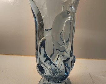 Vintage Fenton Salem blauw glas gestileerde Salem sokkelvaas 8,25" abstracte vlam
