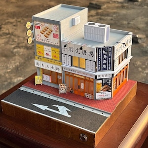 Puede incluir: Una maqueta en miniatura detallada de un edificio comercial japonés de dos plantas con paredes grises, marcos de ventanas naranjas y varios letreros con texto en japonés. La estructura incluye una unidad de aire acondicionado en el techo.