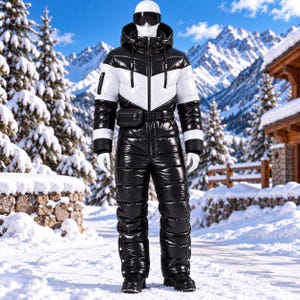 Puede incluir: Un traje de esquí de una pieza, aislado, en color negro y blanco con acabado brillante, que incluye capucha con cordones, cremallera frontal, cinturón con una pequeña bolsa y gafas de esquí negras sobre un maniquí en un entorno nevado.