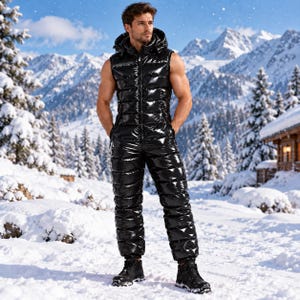 May include: A sleeveless black jumpsuit with a high-gloss, quilted finish and a hood. The garment features a full-length front zipper, a fitted waist, and long pant legs. The material has a shiny, reflective texture throughout the entire piece.