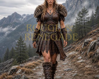 May include: A brown leather warrior outfit featuring a textured bodice, studded skirt, fur-trimmed shoulder pauldrons, matching arm bracers, and knee-high fur-lined boots. The text ROUGE & RENEGADE is overlaid in gold across the center of the image.