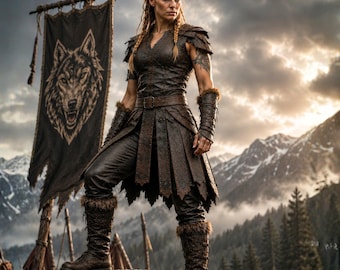 May include: A person wearing dark brown leather armor with a belted tunic, layered skirt, and fur-trimmed boots. The outfit includes matching leather bracers. A large black banner featuring a stylized wolf head graphic stands to the left side.