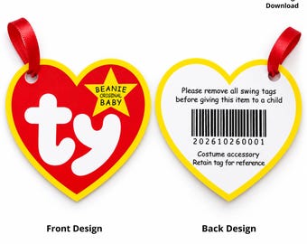 May include: Two heart-shaped printable tags with red ribbon loops. The front is red with a white 'ty' logo and a yellow star reading 'BEANIE ORIGINAL BABY'. The back is white with a barcode, the number 202610260001, and safety text.