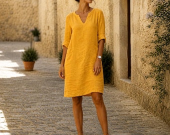 Mini-robe en lin et coton, tenue de vacances d'été à la plage à col en V