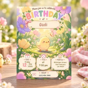 May include: A rectangular birthday invitation card featuring a pastel floral garden background with a central yellow chick illustration. The text reads: Please join us to celebrate BIRTHDAY of Gadi, Date friday 12 may 2026, Time at 7:00 pm, Address 88 Golden Street, San Francisco, CA 94107, RSVP (123) 456-7890.