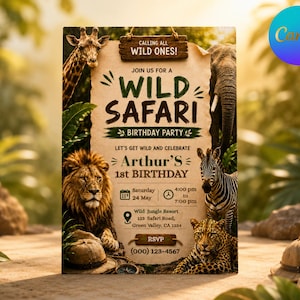 May include: A rectangular birthday party invitation featuring a parchment-style center with the text "WILD SAFARI" and "Arthur's 1st BIRTHDAY". The design includes illustrations of a giraffe, elephant, lion, zebra, and leopard, with jungle foliage.