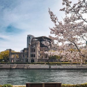 May include: The Hiroshima Peace Memorial, a stone structure with a skeletal metal dome, stands across a river. A wooden bench sits in the foreground, while a cherry blossom tree with light pink flowers frames the right side of the scene.