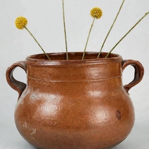1910s Vallauris Brown Glazed Confit Pot – French Onion Soup Crock - Stoneware Utensil Holder Farmhouse Vase - Antique Decor table top