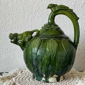 Vintage Green Glazed Ceramic Ewer | Sculptural Bird Handle & Animal Spout | Decorative Art Pottery