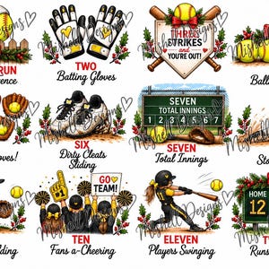 May include: A collection of twelve baseball-themed illustrations featuring holiday elements like holly and bows. Graphics include a softball with a Santa hat, batting gloves, a scoreboard, cleats, and players in action with text labels from one to twelve.