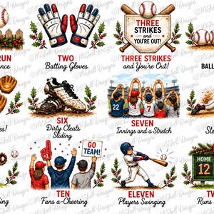 Può includere: Un'illustrazione digitale che presenta dodici scene a tema baseball con etichette di testo da uno a dodici. Gli elementi includono palline, guanti, tacchetti, giocatori, fan e un tabellone segnapunti, decorati con agrifoglio e fiocchi.
