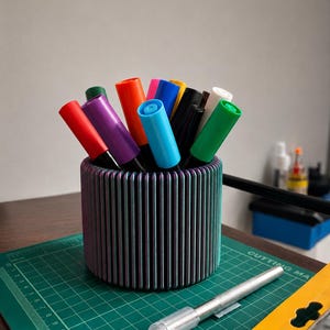 Può includere: Un portapenne cilindrico con un esterno a coste iridescente viola e verde acqua, riempito con una collezione di pennarelli assortiti in rosso, viola, arancione, blu, nero, bianco e verde, disposti verticalmente in un gruppo compatto.