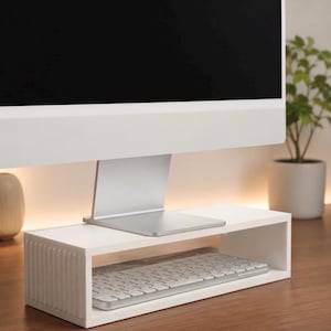 3D Printed Monitor Stand, Ribbed Desk Riser, Cream Computer Storage Organizer