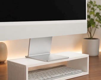 3D-gedruckter Monitorständer, gerippte Schreibtischerhöhung, cremefarbener Computer-Aufbewahrungsorganizer