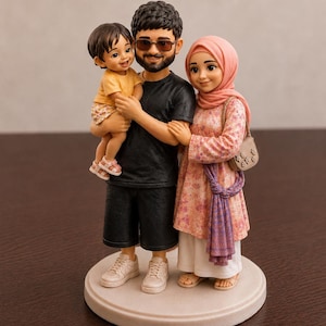 May include: A figurine of a family of three standing on a circular base. The central figure wears a black t-shirt and shorts with white trainers. A child in a yellow shirt and patterned shorts is held, while a figure in a pink hijab and floral tunic stands beside them.