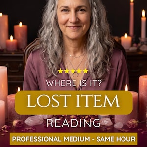May include: A digital graphic featuring a person with long grey hair wearing a mauve top, surrounded by lit candles and crystals. The text reads: WHERE IS IT? LOST ITEM READING, five yellow stars, and PROFESSIONAL MEDIUM - SAME HOUR.