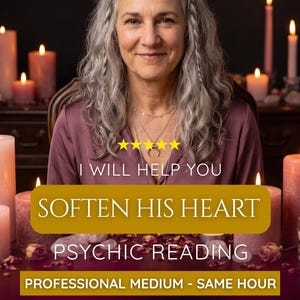 Op de afbeelding: Een persoon met lang grijs haar in een mauve blouse met gelaagde kettingen. De tekst luidt: I WILL HELP YOU SOFTEN HIS HEART PSYCHIC READING PROFESSIONAL MEDIUM - SAME HOUR. Vijf gele sterren worden boven de tekst weergegeven.