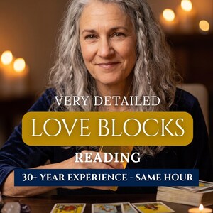 May include: A person with long gray hair wearing a dark blue velvet top, sitting at a table with tarot cards and candles. Text overlay reads: VERY DETAILED LOVE BLOCKS READING, 30+ YEAR EXPERIENCE - SAME HOUR. The scene is dimly lit with warm light.
