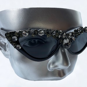 Noirette Black Rhinestone Tinted Cat Eye Sunglasses w/Case