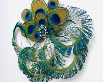 Curly-Q Peacock Feather & Blue Crystal Fascinator