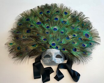 Crystalline Serenity Peacock Feather & Rhinestone Masquerade Mask