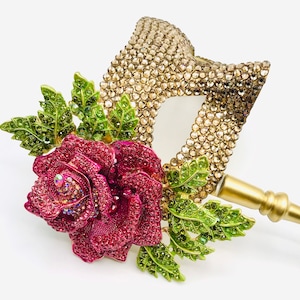 Kiss From A Rose Gold Swarovski & Crystal Rose Handled Masquerade Mask image 1