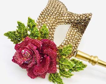 Kiss From A Rose Gold Swarovski & Crystal Rose Handled Masquerade Mask