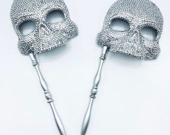 SET OF 2 Crystal Skull Handled Rhinestone Masquerade Masks