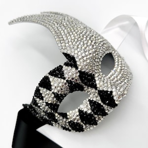Harlequin Flame Clear & Black Diamonds Glass Crystal Masquerade Mask