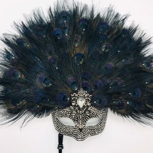 Ethereal Starlight Black Handled Peacock Feather & Marcasite Rhinestone Masquerade Mask (Small)