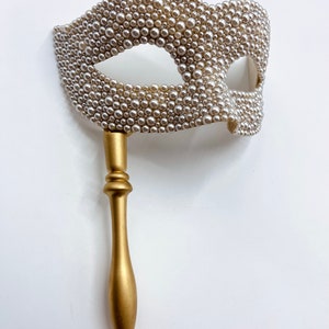 Ivory & Gold Handled Pearlized Masquerade Mask image 6