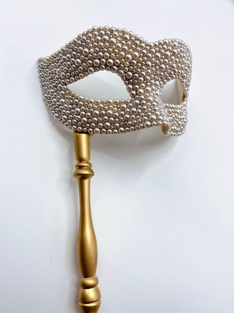 Ivory & Gold Handled Pearlized Masquerade Mask image 6