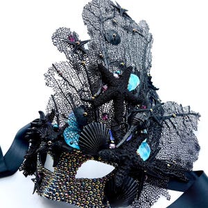 Ursula&#39;s Wrath Black & Pearl Seashell Sea Fan Coral Masquerade Mask