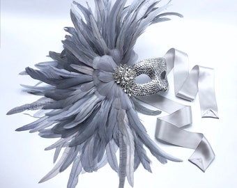Shimmering Lakes Silver Coque Feather & Swarovski Crystals Masquerade Mask