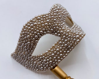 Ivory & Gold (Handled) Pearlized Masquerade Mask