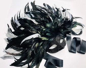 Seductive Silver Noir: Black and Silver Rooster Feather Masquerade Mask