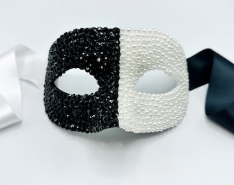Midnight Eclipse Black Crystals & White Pearls Masquerade Mask