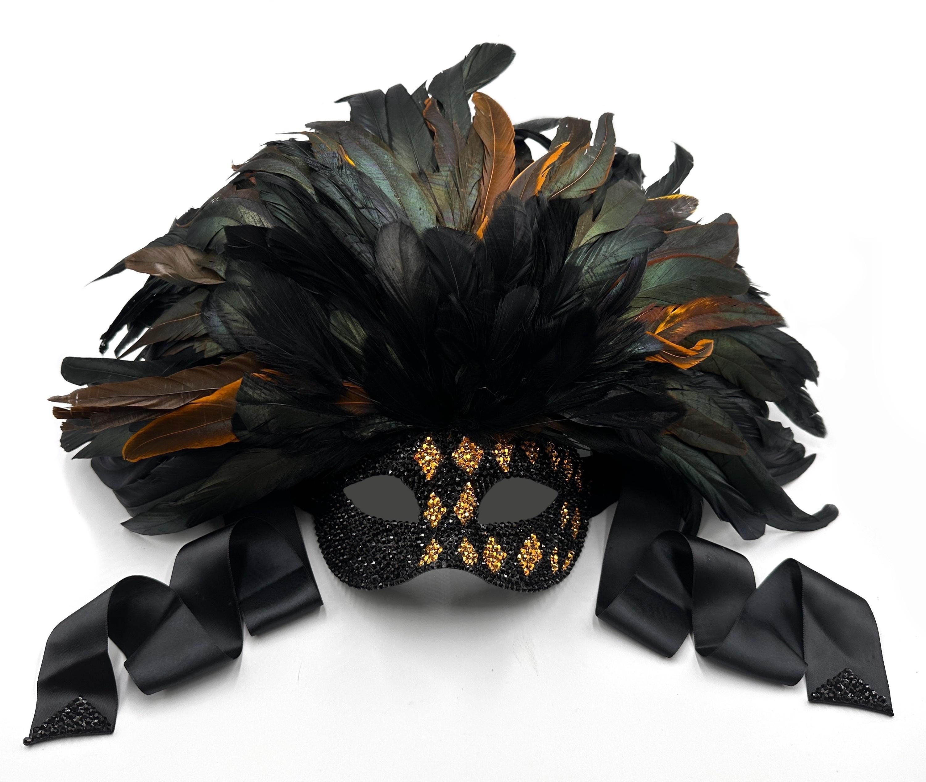 Gilded Trickster Harlequin Black & Metallic Gold Rooster Feather Venetian Masquerade Mask