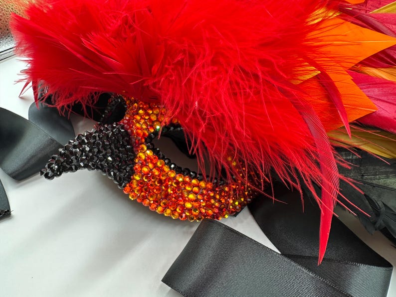 May include: A decorative mask with black and orange rhinestones, red feathers, and black satin ribbons. The mask has a pointed nose and is embellished with sparkling crystals. The feathers are vibrant and add a dramatic flair.