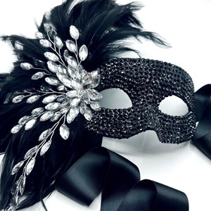 Summer's Gala Black Feathers & Black Crystals Masquerade Mask