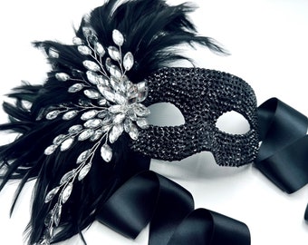 Summer's Gala Black Saddle Feather & Glass Crystal Masquerade Mask