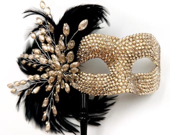 Champagne Midnights Black Saddle Feather & Glass Crystal Masquerade Mask