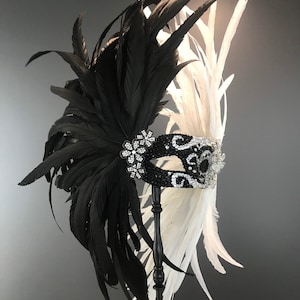 Yin Yang Black & White Coque Feathers Swarovski Rhinestone Handled Masquerade Mask