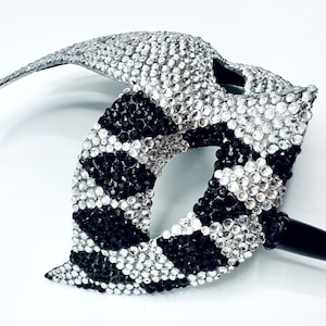 Harlequin Flame Black & Clear Diamond Glass Crystal (Handled) Masquerade Mask