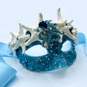 Blue Sea Glass & White Starfish Masquerade Mask