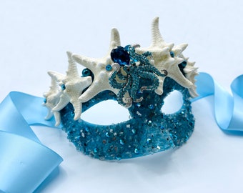 Blue Sea Glass & White Starfish Masquerade Mask
