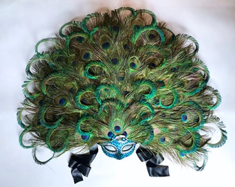 Cerulean Shangri La Peacock Feather & Rhinestone Masquerade Mask (EXTRA LARGE)
