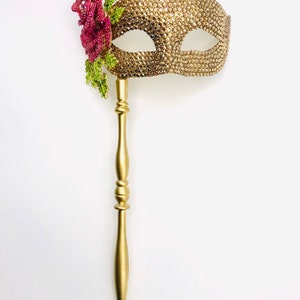Kiss From A Rose Gold Swarovski & Crystal Rose Handled Masquerade Mask image 2